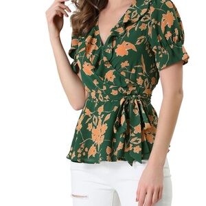 Floral Ruffle Sleeves V NeckTie Waist
Wrap Peplum Blouse NWT S/M